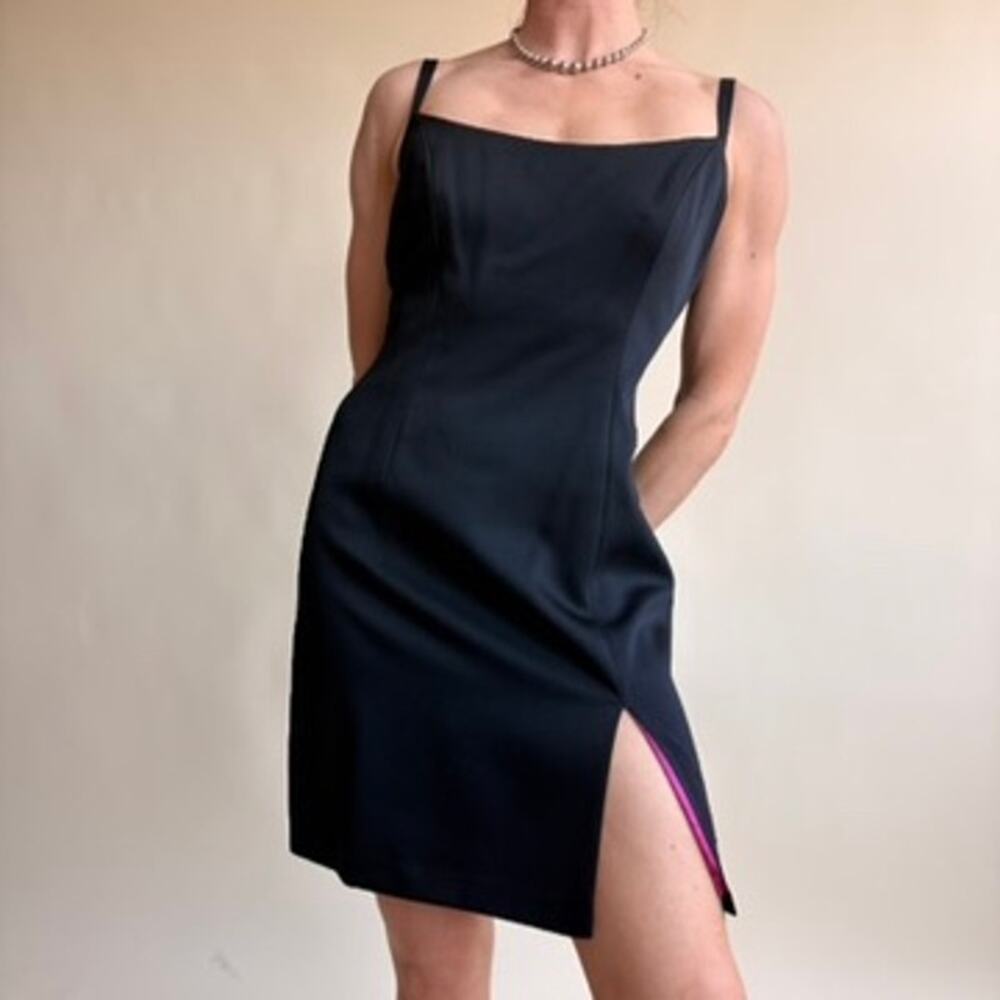 Laundry by Shelli Segal Black Satin Dress -Hot Pink Lining - 90s Vintage, Size 4
